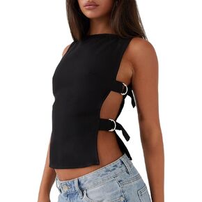 Giraropa Women Buckle Tank Top Y2k Slim Fit Crop Tops Sexy Sleeveless Round Neck Hollow Out Shirt Rave Outfits in Kuwait