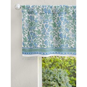 Hand Printed Valance Curtain with Beaded Trim, Blue Woodland Ferns CP - Perfect for Kitchen, Bedroom, Bathroom Fair Trade, 100% Cotton Voile, Light Filtering 44x17 in in Saudi Arabia