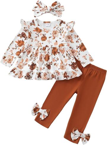 ملابس طفلة صغيرة ملابس خريفية مكشكشة بأكمام طويلة وقميص مزين بالزهور طقم ملابس شتوية وسراويل ضيقة in Kuwait