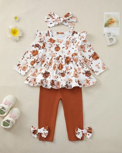 ملابس طفلة صغيرة ملابس خريفية مكشكشة بأكمام طويلة وقميص مزين بالزهور طقم ملابس شتوية وسراويل ضيقة in Kuwait