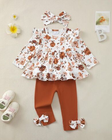 ملابس طفلة صغيرة ملابس خريفية مكشكشة بأكمام طويلة وقميص مزين بالزهور طقم ملابس شتوية وسراويل ضيقة in Kuwait