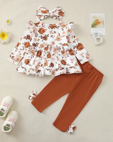 ملابس طفلة صغيرة ملابس خريفية مكشكشة بأكمام طويلة وقميص مزين بالزهور طقم ملابس شتوية وسراويل ضيقة in Kuwait