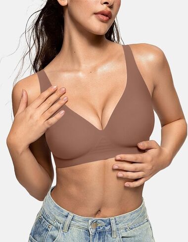 Oeak Womens Deep v Bras Wireless Coffee & Bralettes للنساء مع دعم الأسود L in Saudi Arabia