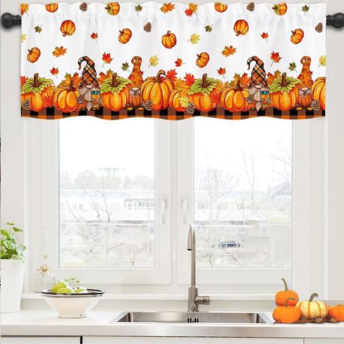الستائر Quimoy Fall Valance 54 × 18 بوصة ، الستائر القصيرة من اليقطين مع جيب قضيب ، وتوابل الخريف للنوافذ ، فالفرة عيد الشكر في مزرعة ديكور المطبخ منزل المزرعة in Kuwait