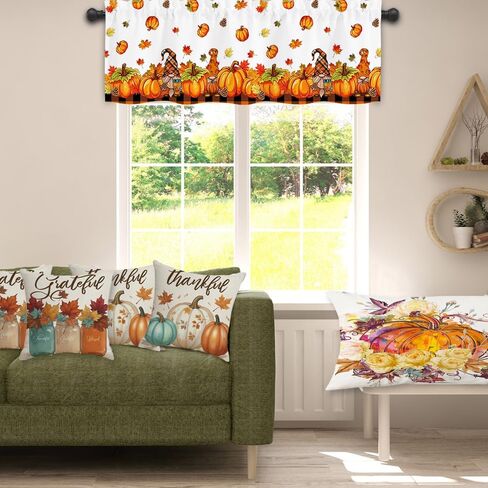 الستائر Quimoy Fall Valance 54 × 18 بوصة ، الستائر القصيرة من اليقطين مع جيب قضيب ، وتوابل الخريف للنوافذ ، فالفرة عيد الشكر في مزرعة ديكور المطبخ منزل المزرعة in Kuwait