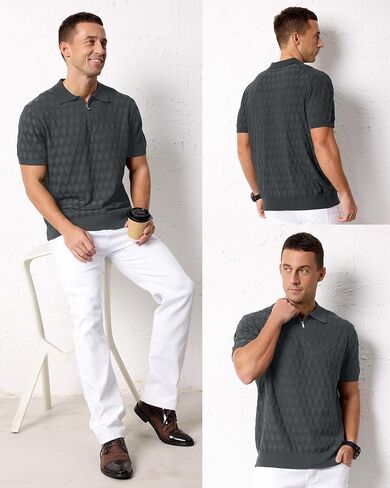 Arach & Cloz Mens Zipper Polo 3D Texture Texture 2025 Spring Summer Fashion Tops Tops Short Sleeve Dress Dress in Saudi Arabia