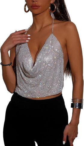 Partyart Women Rhinestone Tops Sparkly Sexy V Deep v Backless Crip Top Oblessing Hanging Neck Metal Chain Club Clubwear in Kuwait