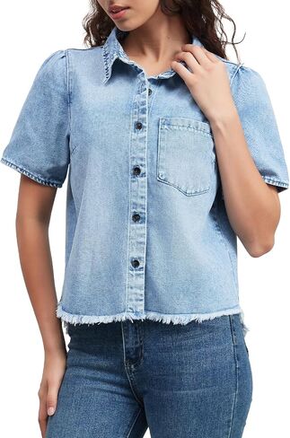 Lifeshe قصيرة الأكمام قميص الدنيم للنساء زر الصيف لأسفل شامبراي بلوزات HEM HEM JEAN TOPS in Saudi Arabia