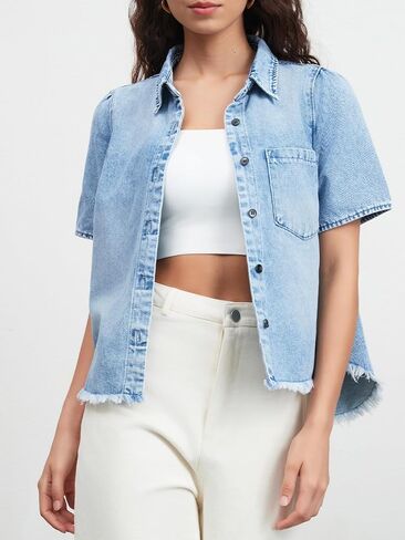 Lifeshe قصيرة الأكمام قميص الدنيم للنساء زر الصيف لأسفل شامبراي بلوزات HEM HEM JEAN TOPS in Saudi Arabia