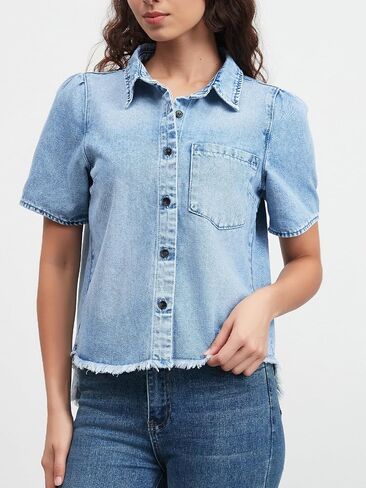 Lifeshe قصيرة الأكمام قميص الدنيم للنساء زر الصيف لأسفل شامبراي بلوزات HEM HEM JEAN TOPS in Saudi Arabia