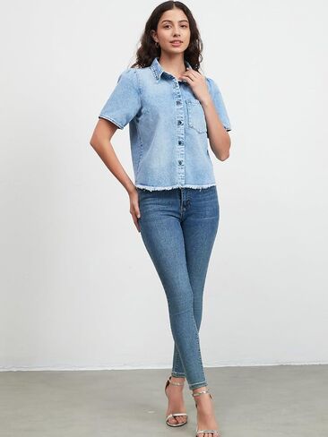 Lifeshe قصيرة الأكمام قميص الدنيم للنساء زر الصيف لأسفل شامبراي بلوزات HEM HEM JEAN TOPS in Saudi Arabia