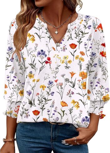 Zeagoo 3/4 Length Sleeve Womens Tops 2025 Floral Womens Blouses V Neck TunicTops with Smocked Cuffs in Saudi Arabia