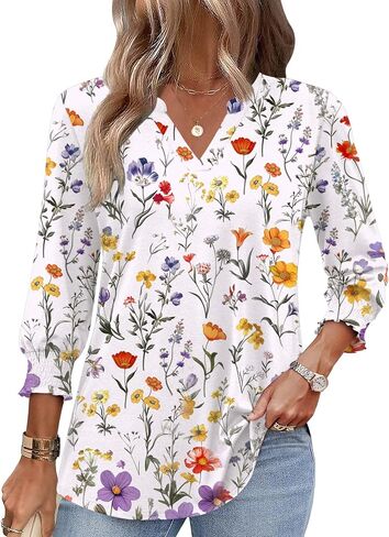 Zeagoo 3/4 Length Sleeve Womens Tops 2025 Floral Womens Blouses V Neck TunicTops with Smocked Cuffs in Saudi Arabia