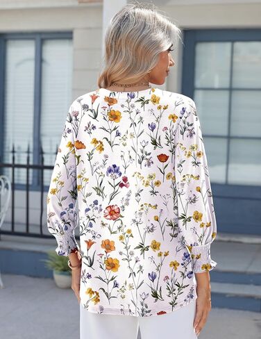 Zeagoo 3/4 Length Sleeve Womens Tops 2025 Floral Womens Blouses V Neck TunicTops with Smocked Cuffs in Saudi Arabia