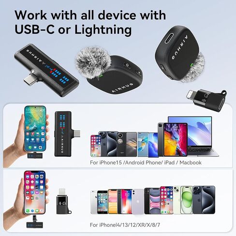 ميكروفون AIRHUG اللاسلكي Lavalier لأجهزة iPhone/Android/PC، ميكروفون على شكل طية صدر السترة مع بطارية 60 ساعة، 48 كيلو هرتز 24 بت، تشغيل Lightning/USB-C، 3 أوضاع تسجيل، ميكروفون لاسلكي لمدونة الفيديو، YouTube، المقابلة in Kuwait