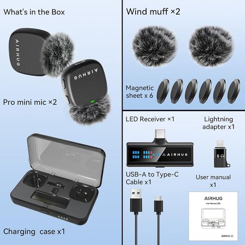 ميكروفون AIRHUG اللاسلكي Lavalier لأجهزة iPhone/Android/PC، ميكروفون على شكل طية صدر السترة مع بطارية 60 ساعة، 48 كيلو هرتز 24 بت، تشغيل Lightning/USB-C، 3 أوضاع تسجيل، ميكروفون لاسلكي لمدونة الفيديو، YouTube، المقابلة in Kuwait