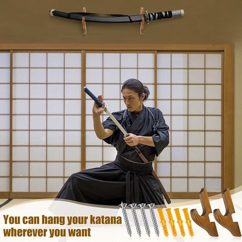 Chunful 2 Pcs Sword Wall Mount Sword Holder Katana Stand 1 Tier Katana Wall Mount Adjustable Sword Display Wooden Sword Mounts for Wall Sword Hanger for Samurai (Reddish Brown) in Saudi Arabia
