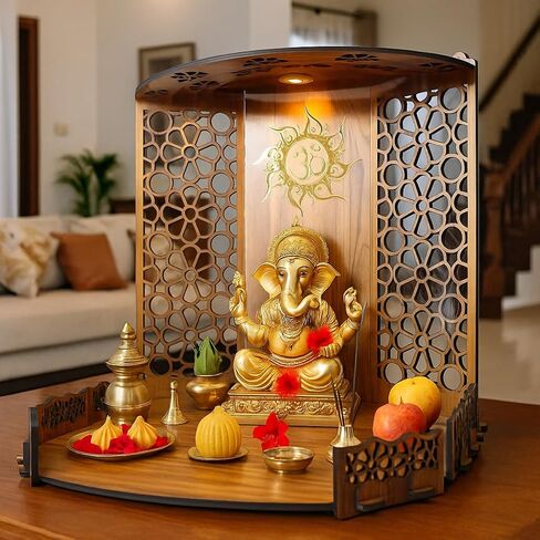 Chants® Bappa Beautiful Wooden Wooden Pooja Mandir for Home or Puja Temple Stand for Office and Shops with Led spot Light for Table top only in Saudi Arabia