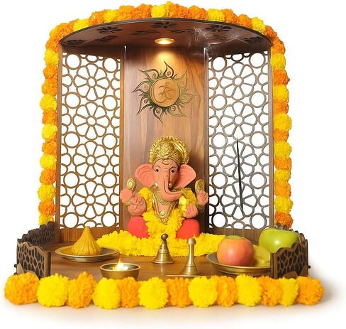 Chants® Bappa Beautiful Wooden Wooden Pooja Mandir for Home or Puja Temple Stand for Office and Shops with Led spot Light for Table top only in Saudi Arabia