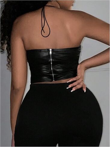 Wdirara Women's Pu Leather Lace Up Halter Top Ocleveless Tie Backless Crops Tops Party Clubwear in Saudi Arabia