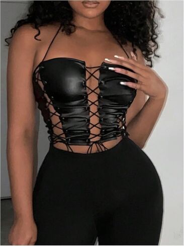 Wdirara Women's Pu Leather Lace Up Halter Top Ocleveless Tie Backless Crops Tops Party Clubwear in Saudi Arabia