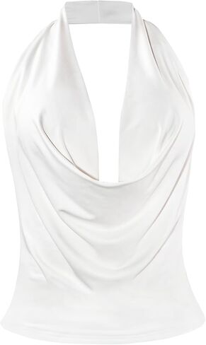 Women Sexy Cowl Neck Halter Crop Top Backless Ruched Bodycon Cami Tank Top Club Outfits in Kuwait