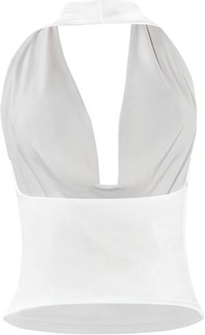 Women Sexy Cowl Neck Halter Crop Top Backless Ruched Bodycon Cami Tank Top Club Outfits in Kuwait