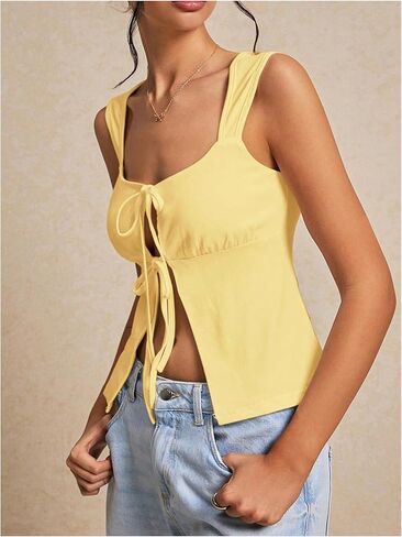 Milumia Women Tie Bront Y2K Tank Tops Wide Strap Sexy Cut Out Splish Hemless Tops in Saudi Arabia