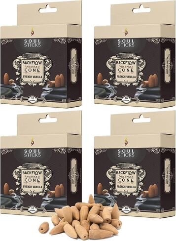 Soul Sticks Backflow Incense Cones – 40 Handmade Organic Cones for Waterfall Burner | 4 Pack Long Lasting Aromatic Scents | Thick White Smoke Incense for Meditation, Yoga & Gifts (French Vanilla) in Kuwait