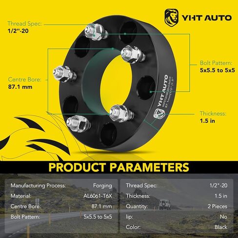 Yhtauto 5x5.5 إلى 5x5 محولات العجلات 1.5 بوصة ملائمة Jeep JK Wk WJ XK على عجلات RAM 1500 ، F-150 ، Bronco ، E-150 Econoline ، فواصل إطارات 87.1 مم مع 1/2 ترصيع ، 5x139.7 in Saudi Arabia