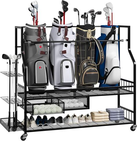 Golf Bag Storage Garage Organizer,Golf Bag Storage Rack w/Drawer for Golfing Bags, Clubs, Balls, Gadgets, Accessories & Equipment,Golf Bag Stand w/Wheels for Home, Golf Course in Kuwait