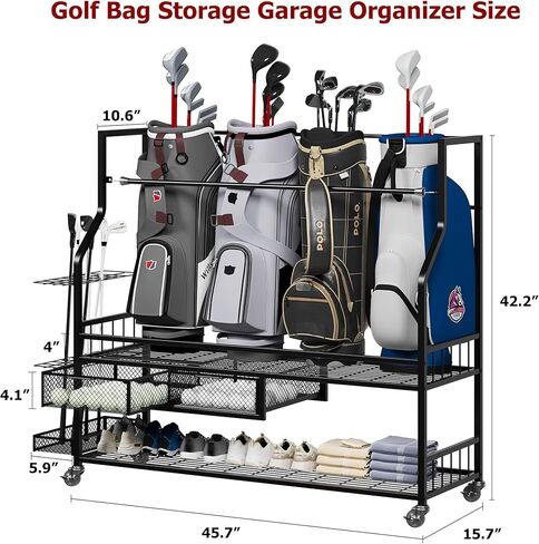 Golf Bag Storage Garage Organizer,Golf Bag Storage Rack w/Drawer for Golfing Bags, Clubs, Balls, Gadgets, Accessories & Equipment,Golf Bag Stand w/Wheels for Home, Golf Course in Kuwait