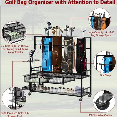 Golf Bag Storage Garage Organizer,Golf Bag Storage Rack w/Drawer for Golfing Bags, Clubs, Balls, Gadgets, Accessories & Equipment,Golf Bag Stand w/Wheels for Home, Golf Course in Kuwait