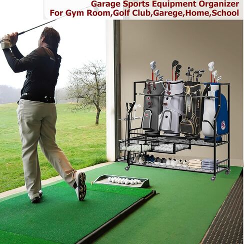 Golf Bag Storage Garage Organizer,Golf Bag Storage Rack w/Drawer for Golfing Bags, Clubs, Balls, Gadgets, Accessories & Equipment,Golf Bag Stand w/Wheels for Home, Golf Course in Kuwait