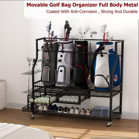 Golf Bag Storage Garage Organizer,Golf Bag Storage Rack w/Drawer for Golfing Bags, Clubs, Balls, Gadgets, Accessories & Equipment,Golf Bag Stand w/Wheels for Home, Golf Course in Kuwait