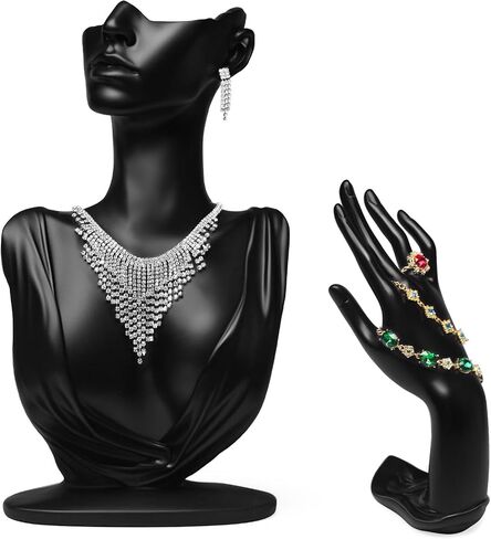 2Pcs Jewelry Mannequin Set, Necklace Bust Mannequin Earring Stand Bracelet Ring Display Hand Jewelry Holder for Selling Show(Black) in Kuwait