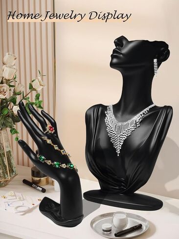 2Pcs Jewelry Mannequin Set, Necklace Bust Mannequin Earring Stand Bracelet Ring Display Hand Jewelry Holder for Selling Show(Black) in Kuwait