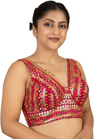 FIGURE'S DESIGNER Women's Navratri Style Embroidery Sleeveless V Neck Readymade Sleeveless Saree Blouse E5 in Kuwait