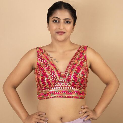 FIGURE'S DESIGNER Women's Navratri Style Embroidery Sleeveless V Neck Readymade Sleeveless Saree Blouse E5 in Kuwait