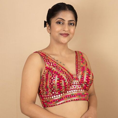 FIGURE'S DESIGNER Women's Navratri Style Embroidery Sleeveless V Neck Readymade Sleeveless Saree Blouse E5 in Kuwait