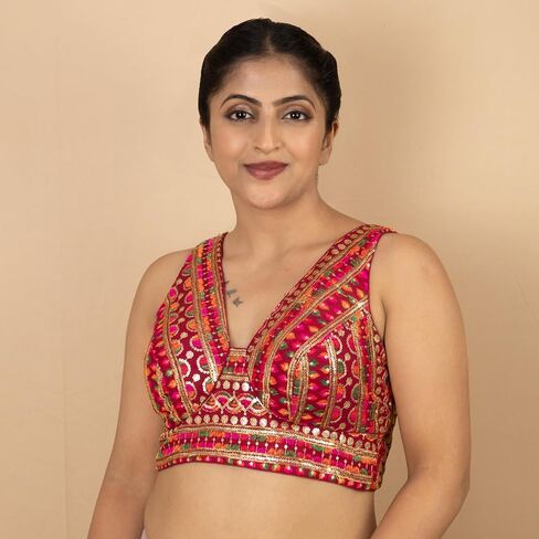 FIGURE'S DESIGNER Women's Navratri Style Embroidery Sleeveless V Neck Readymade Sleeveless Saree Blouse E5 in Kuwait