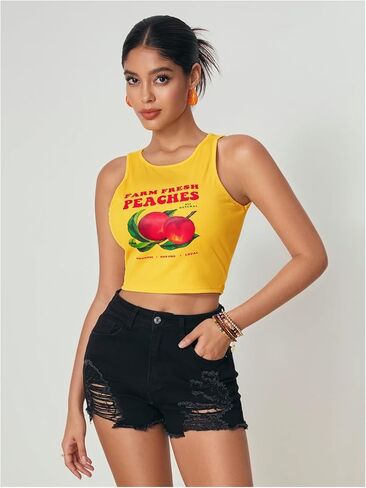 WDIRARA Women's Printed Crop Tank Tops Graphic Cami Top Summer Ribbed Slim Fit Tee in Saudi Arabia