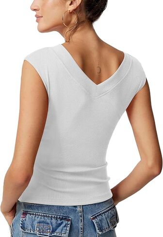 REORIA Womens Sleeveless V Neck Tank Tops Basic Tops Cap Sleeve T Shirt Tee Spring Summer Tops Casual Slim Fit Ribbed Top in Saudi Arabia