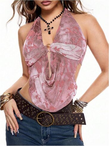 Verdusa Women's Grunge Clothes Western Backless Halter Top Tie Back Summer Going Out Tops in Saudi Arabia