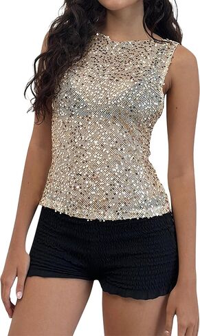 Women Sexy See Through Sequin Crop Tank Top Sleeveless Crewneck Mesh Shirts Tops Sparkly Party Club Going Out Tops in Saudi Arabia