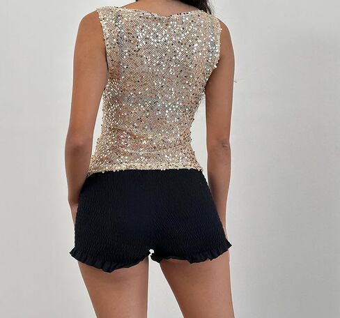 Women Sexy See Through Sequin Crop Tank Top Sleeveless Crewneck Mesh Shirts Tops Sparkly Party Club Going Out Tops in Saudi Arabia