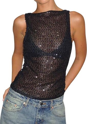 Women Sexy See Through Sequin Crop Tank Top Sleeveless Crewneck Mesh Shirts Tops Sparkly Party Club Going Out Tops in Kuwait