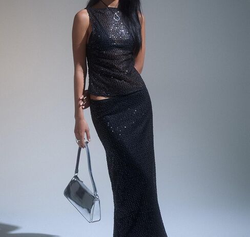 Women Sexy See Through Sequin Crop Tank Top Sleeveless Crewneck Mesh Shirts Tops Sparkly Party Club Going Out Tops in Kuwait