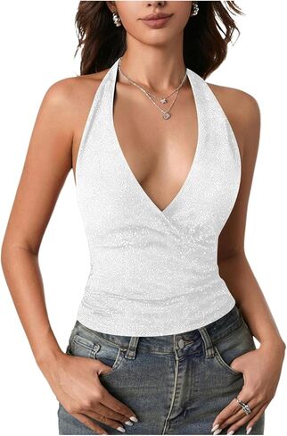 SOLY HUX Women's Halter Tops Glitter Sparkly V Neck Wrap Ruched Backless Sleeveless Crop Tank Top Party Clubwear in Saudi Arabia