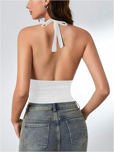 SOLY HUX Women's Halter Tops Glitter Sparkly V Neck Wrap Ruched Backless Sleeveless Crop Tank Top Party Clubwear in Saudi Arabia